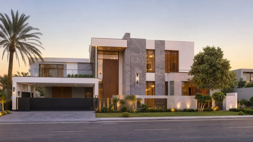Modern kanal house in DHA Lahore at golden hour, illustrative render