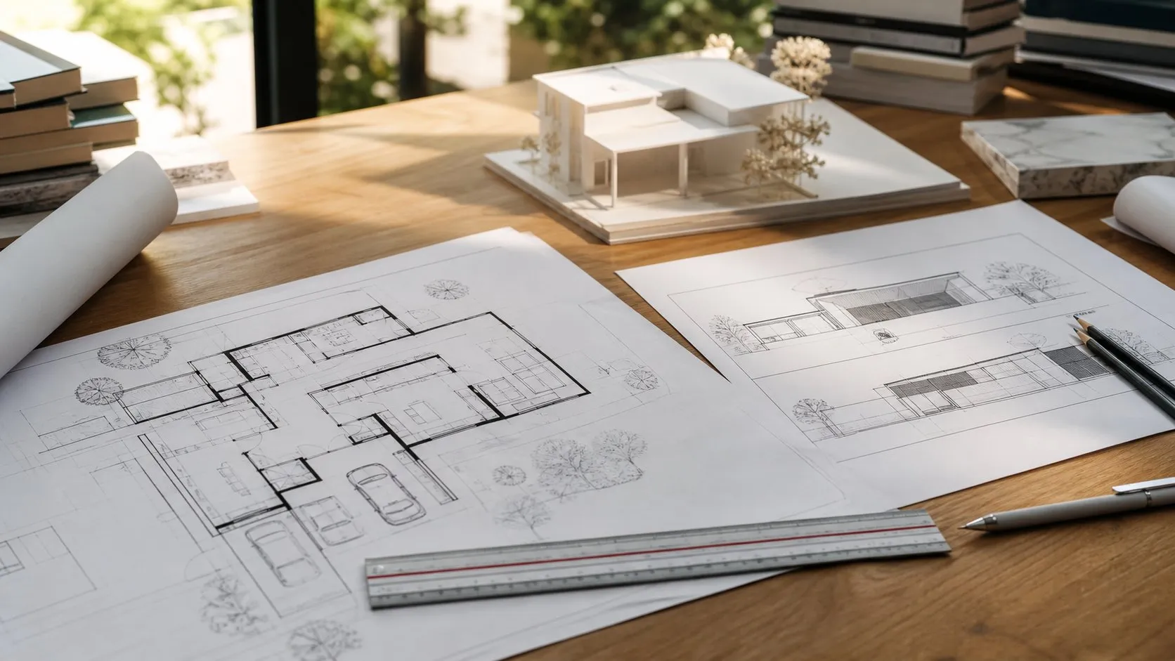 Architect's desk with house plans and model in Lahore, illustrative