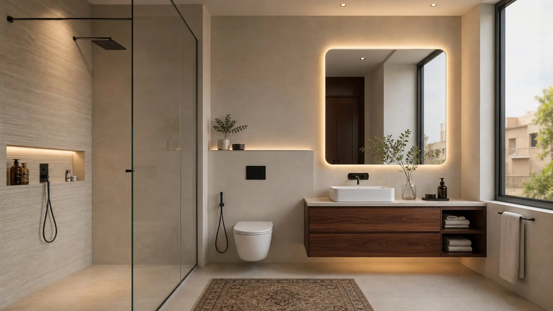 Renovated modern bathroom with porcelain tiles and walnut vanity, illustrative render