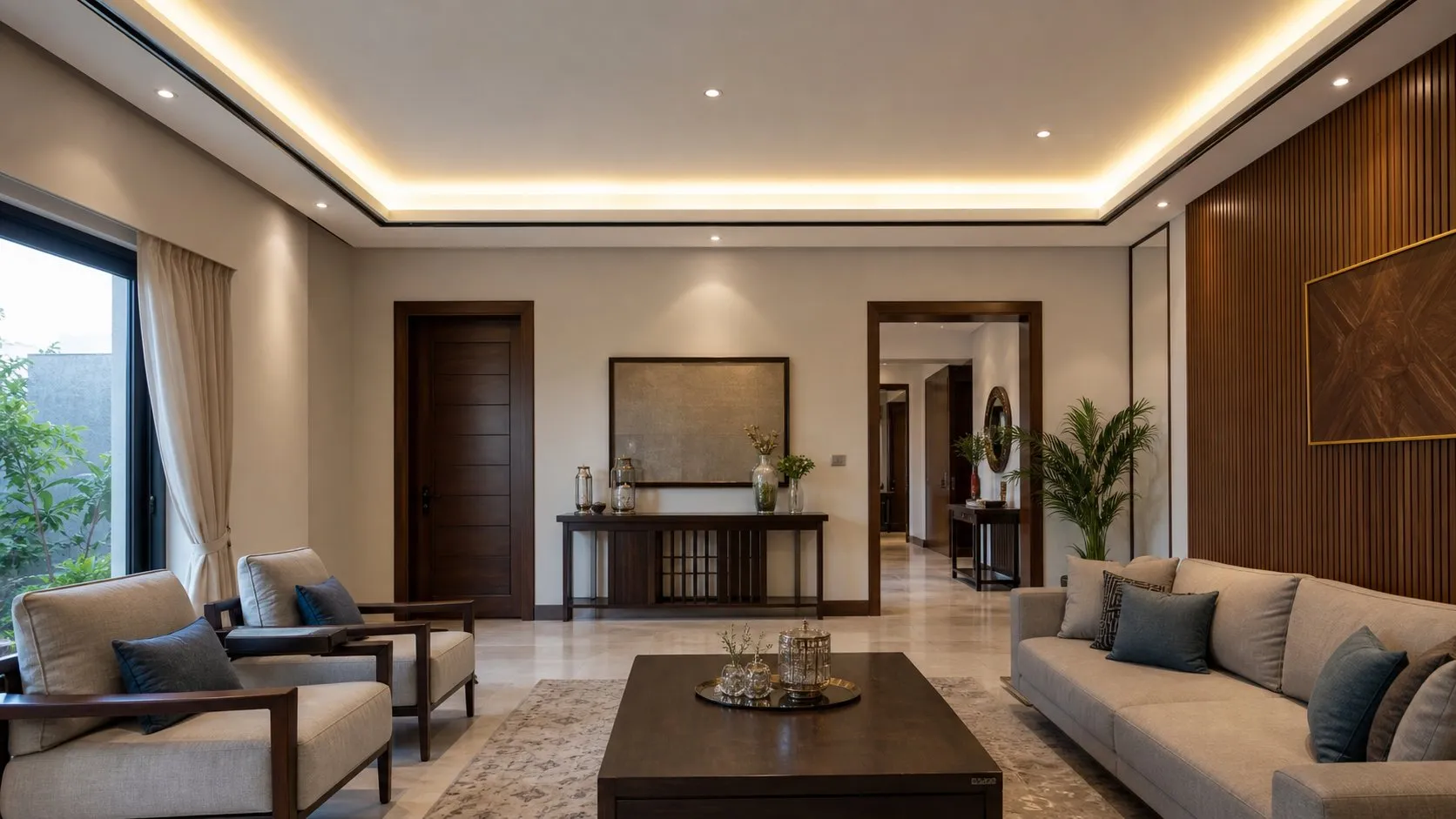 Gypsum false ceiling with cove lighting in a Lahore living room, illustrative render