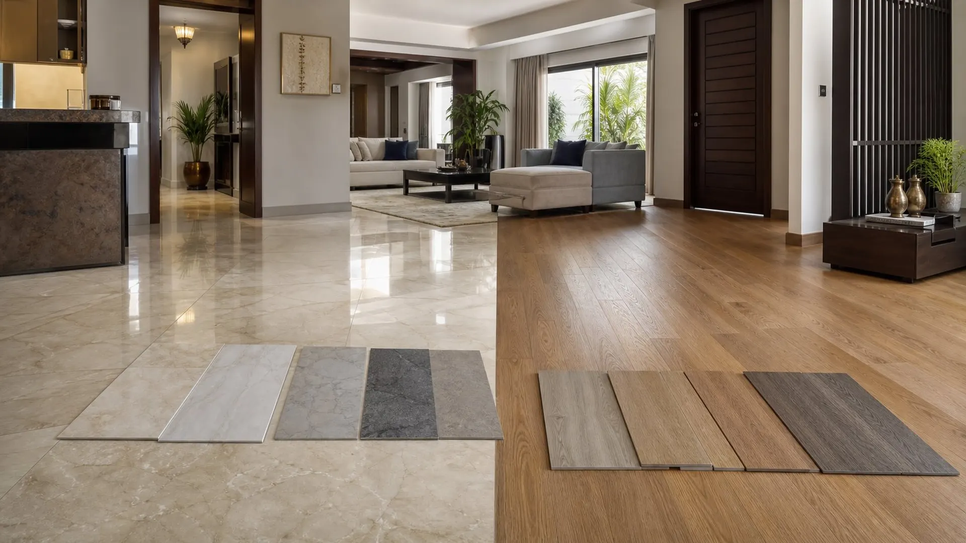 Marble and oak flooring with tile and vinyl samples, illustrative render