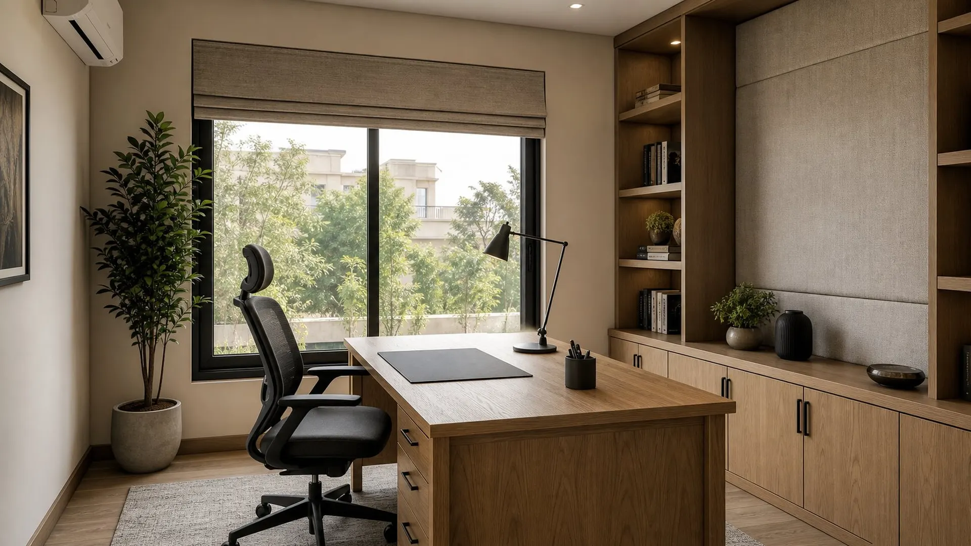Home office with oak desk facing a window, illustrative render