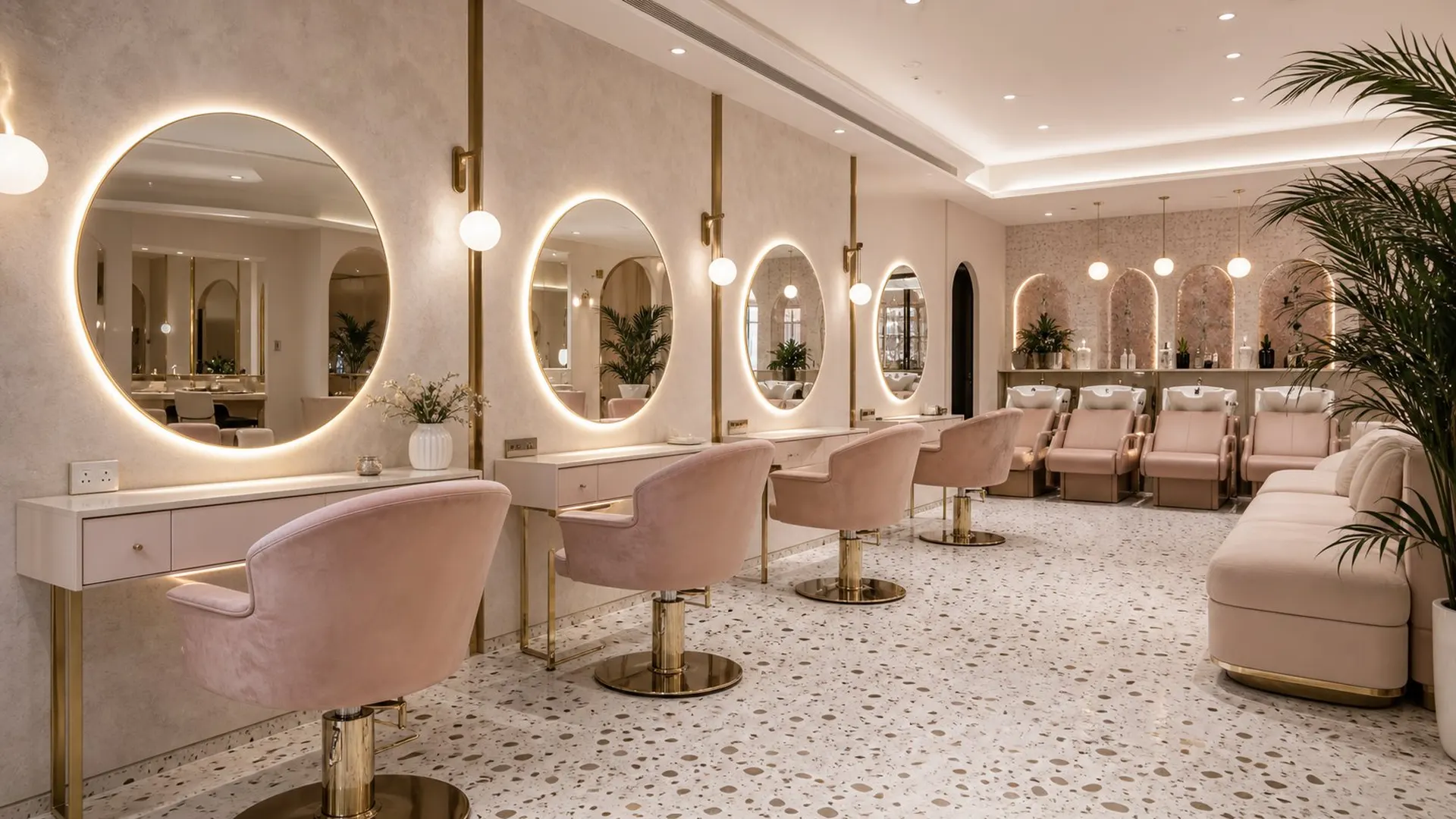Elegant salon with backlit mirrors and terrazzo floor, illustrative render