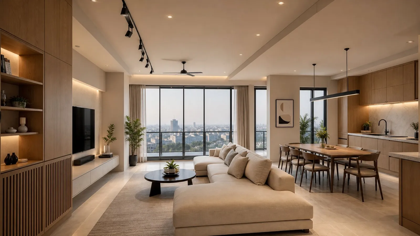 Modern Lahore apartment with city view and compact oak kitchen, illustrative render