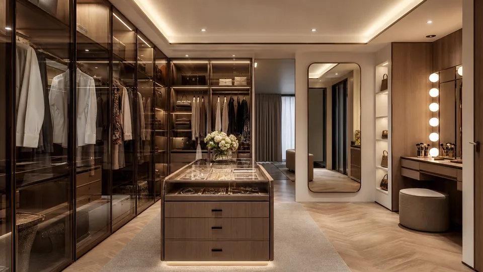 Walk-in dressing room with island and vanity, illustrative render