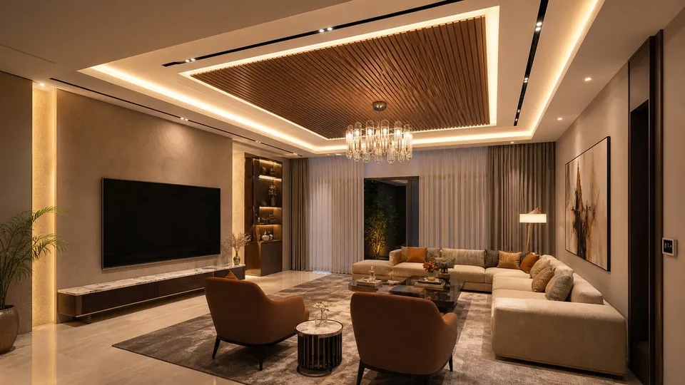 Living room with layered gypsum ceiling and cove light, illustrative render