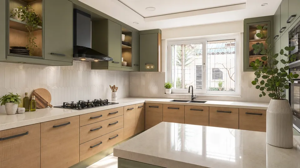 Kitchen with sage and oak cabinets and quartz top, illustrative render